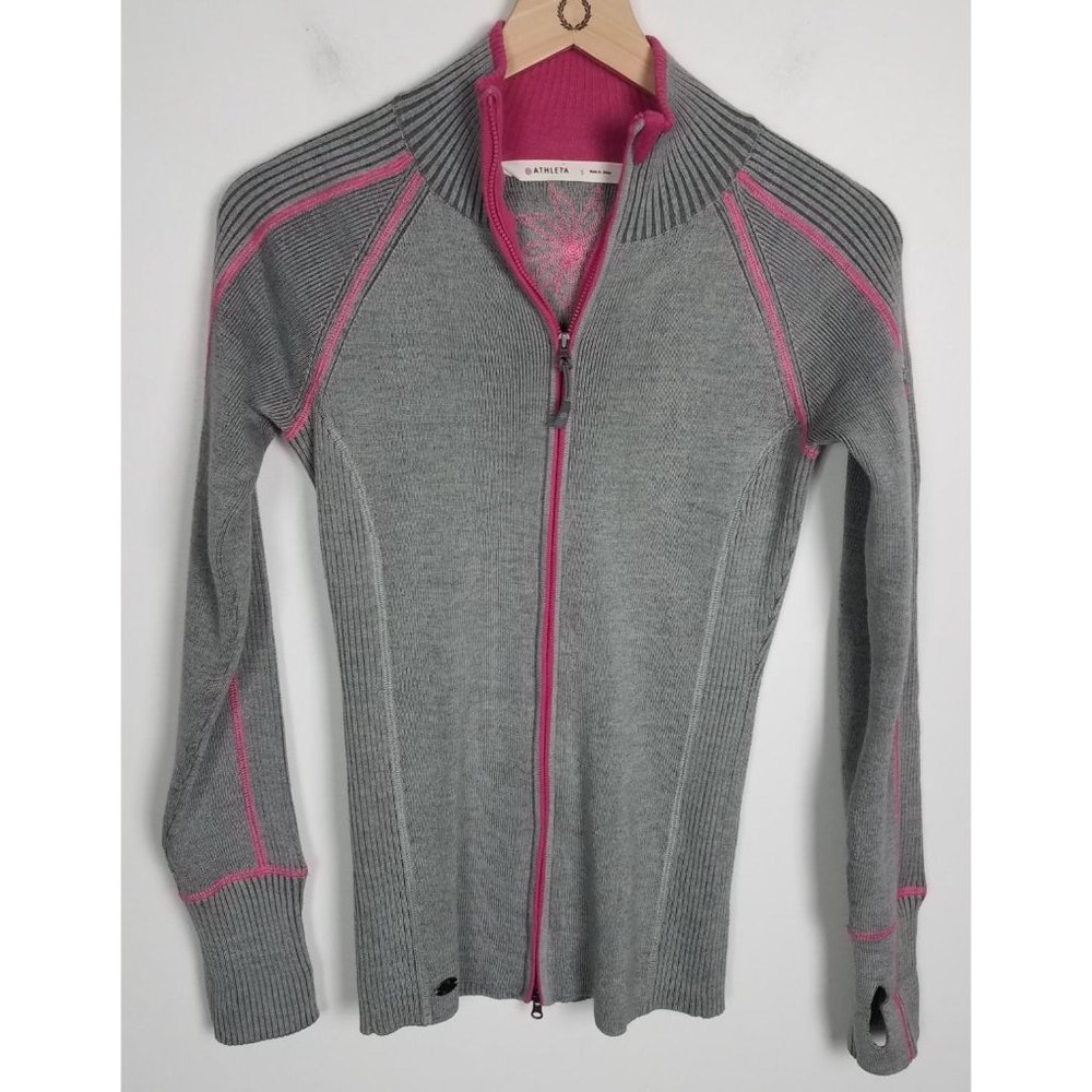 Athleta Sz. S Pink & Grey Giant Slalom Full Zip Wool Blend Thumb Hole Jacket